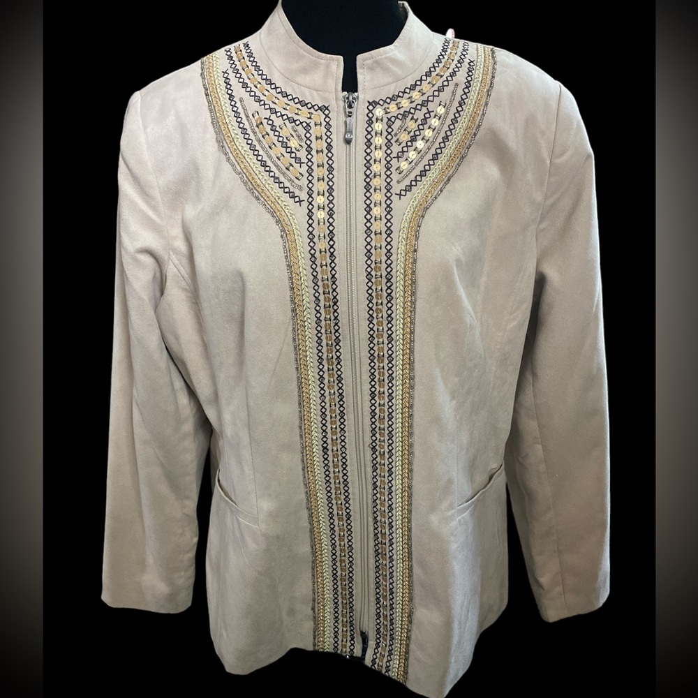 Tanjay  Suede Zip Up Long Sleeve Embellished Jacket Blazer, Size 16